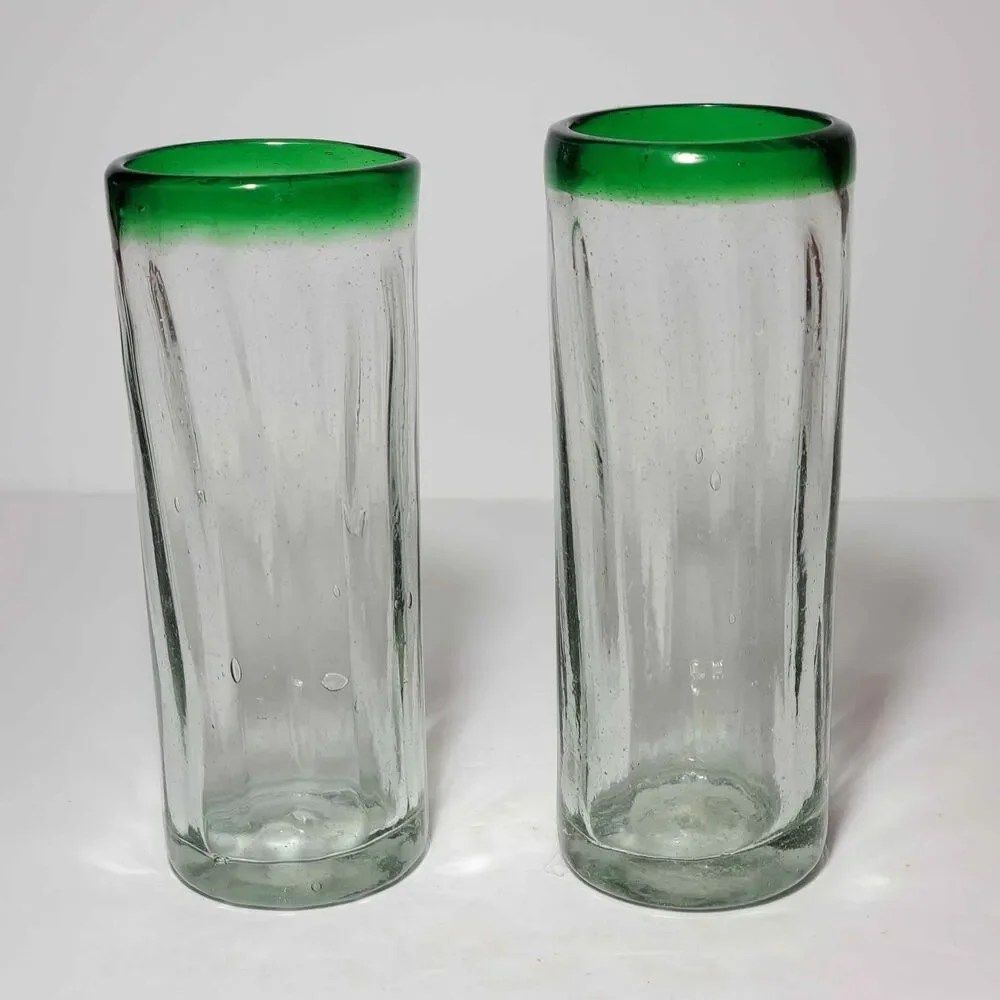 Hand Blown Glass Tumblers Green Rim